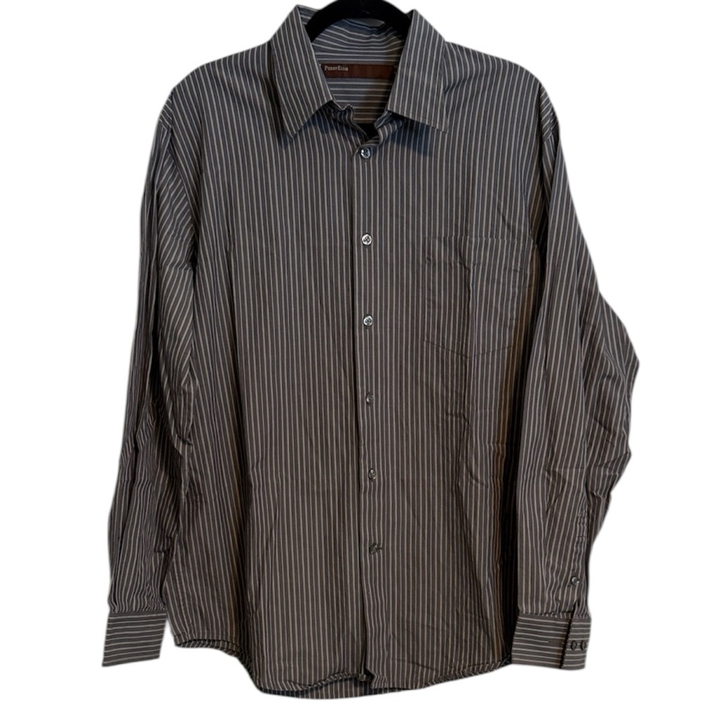 Perry Ellis 100% Cotton Gray and White Striped Button Down Shirt